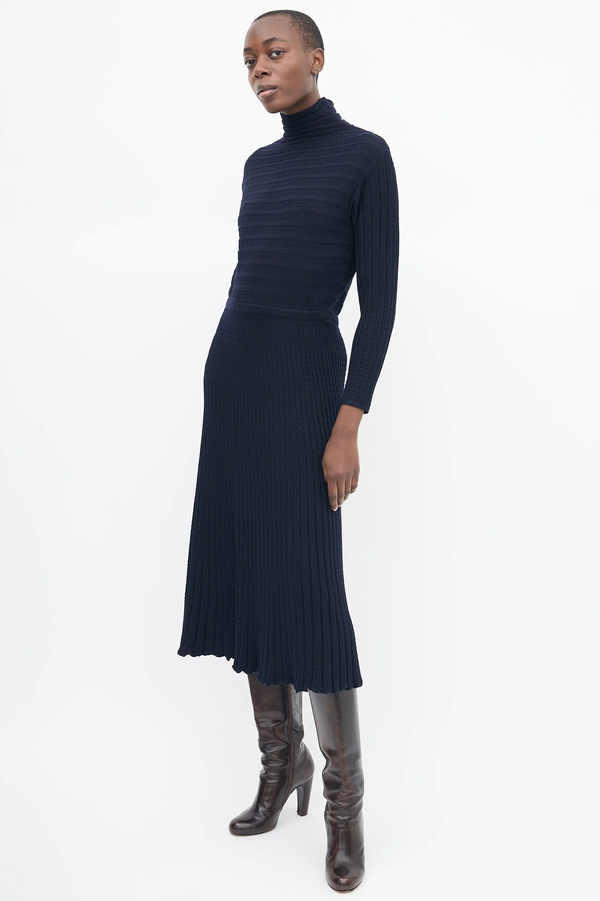 Navy Wool Knit Turtleneck Midi Dress