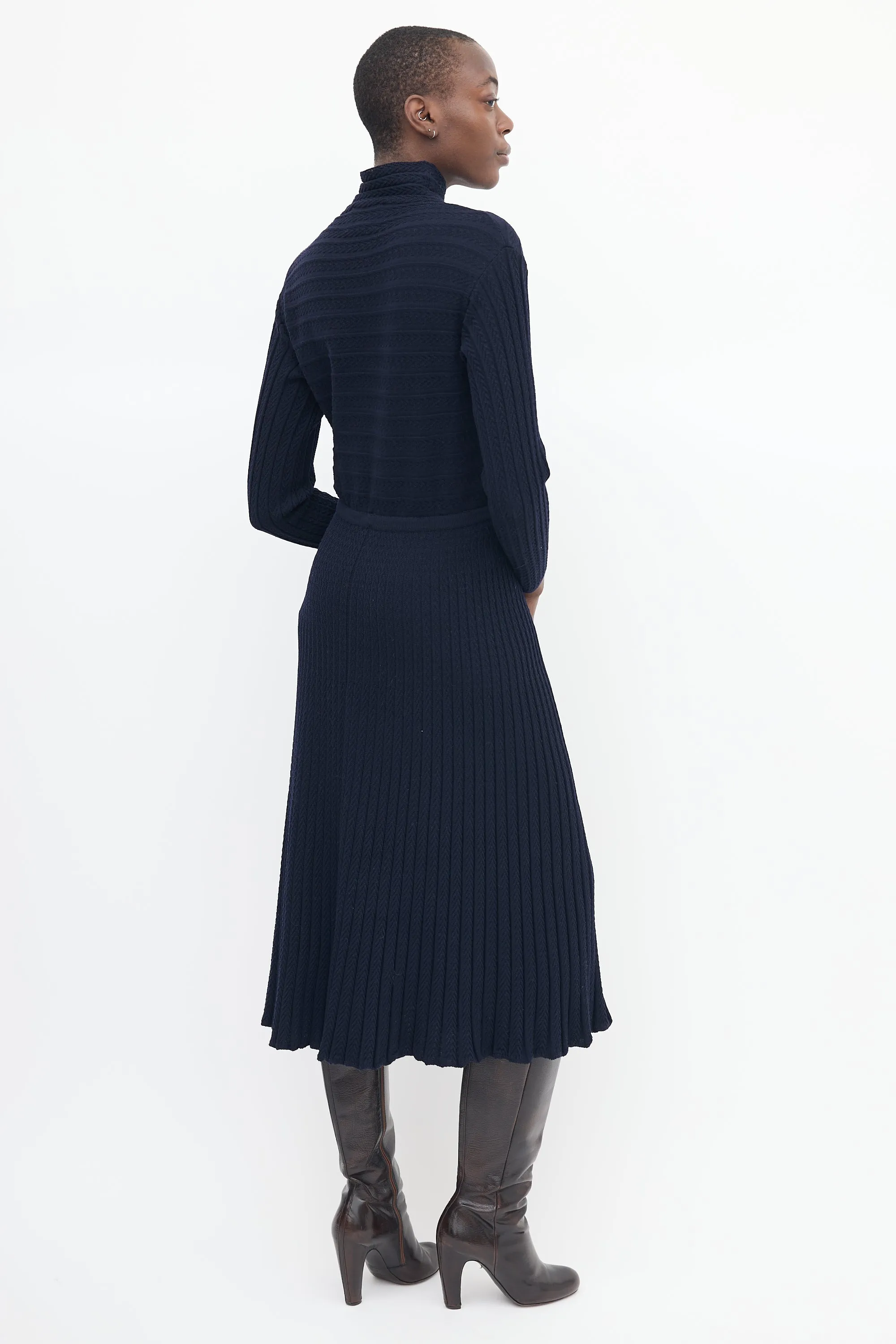 Navy Wool Knit Turtleneck Midi Dress