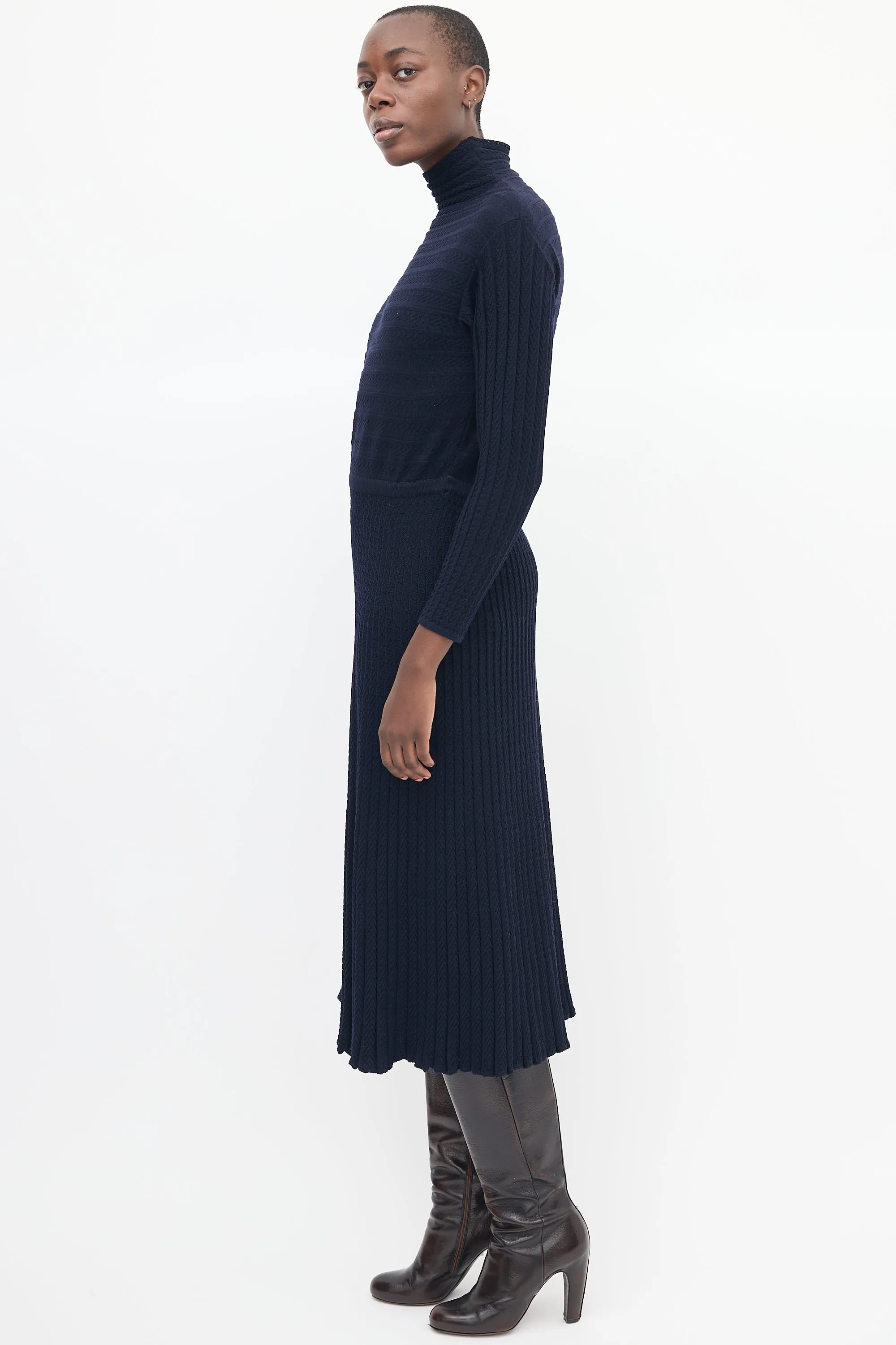 Navy Wool Knit Turtleneck Midi Dress