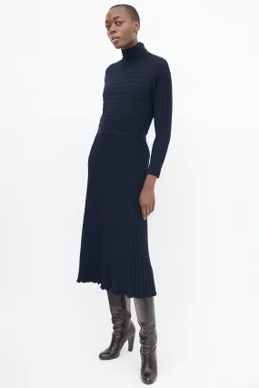 Navy Wool Knit Turtleneck Midi Dress