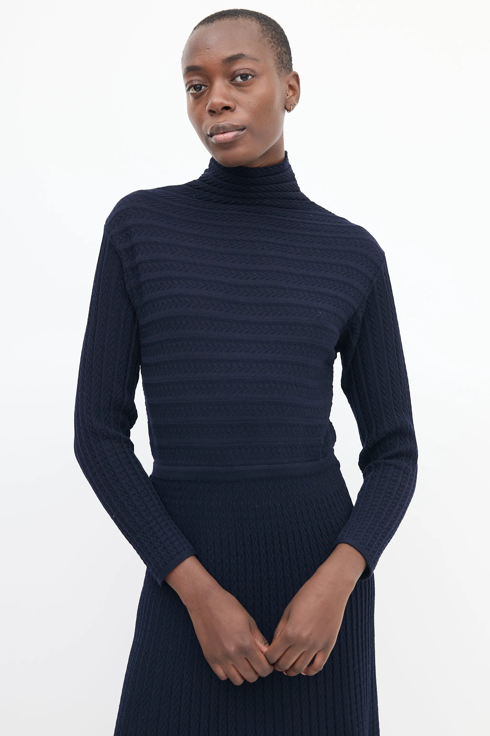 Navy Wool Knit Turtleneck Midi Dress