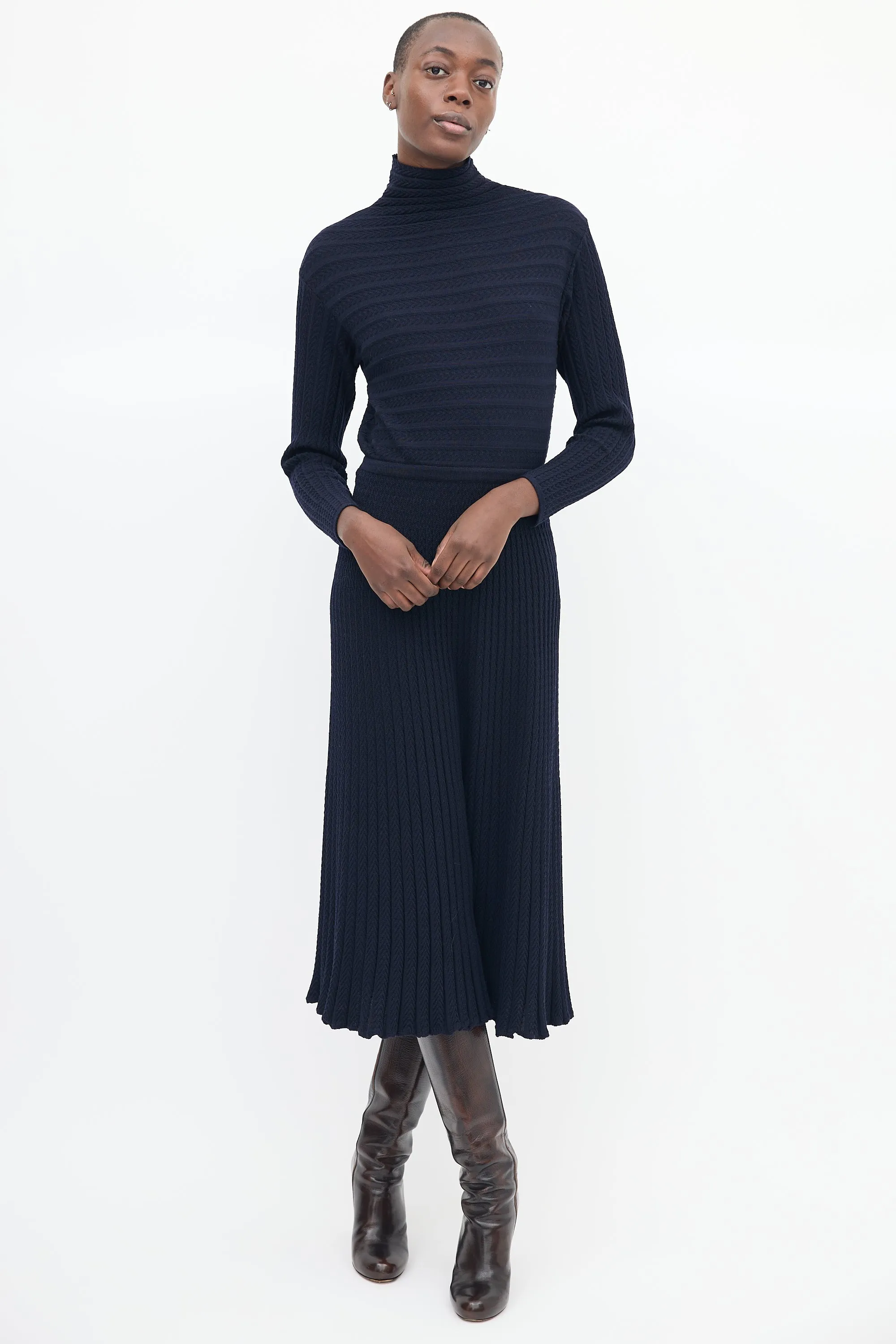 Navy Wool Knit Turtleneck Midi Dress