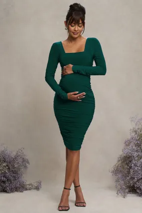New Life | Bottle Green Maternity Square Neck Ruched Midi Dress