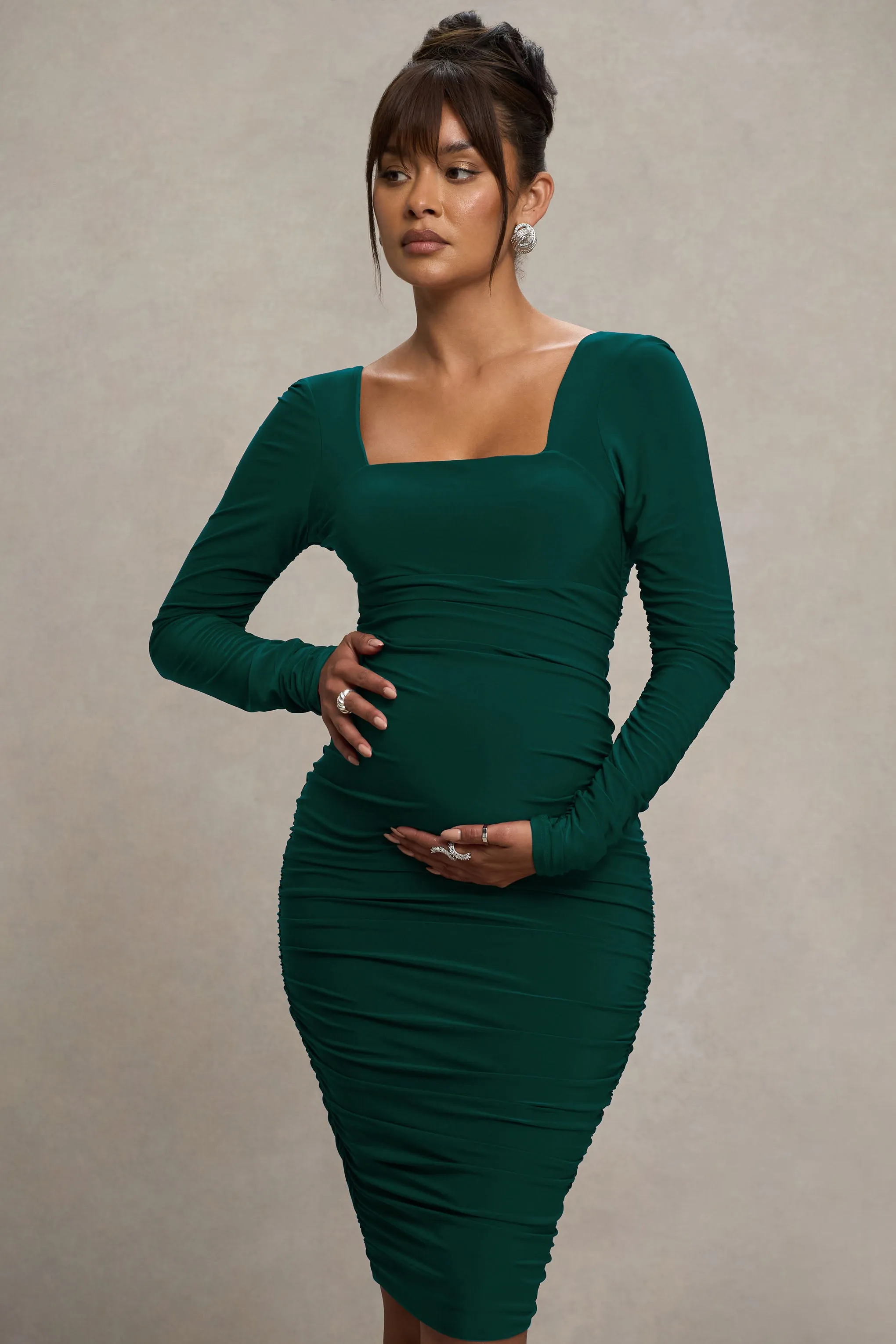 New Life | Bottle Green Maternity Square Neck Ruched Midi Dress