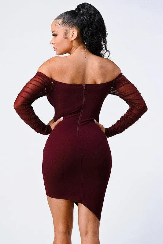 off the shoulder ribbed asymmetrical bodycon dress