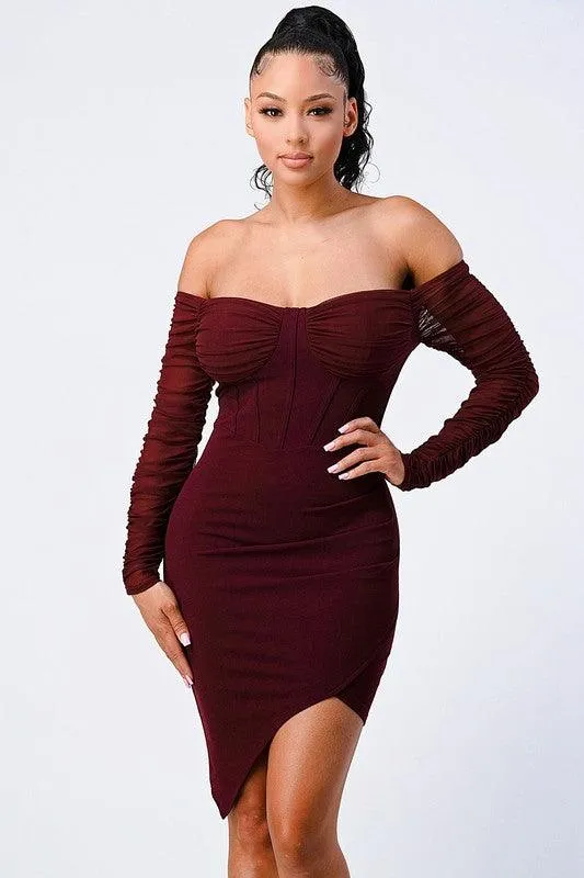 off the shoulder ribbed asymmetrical bodycon dress