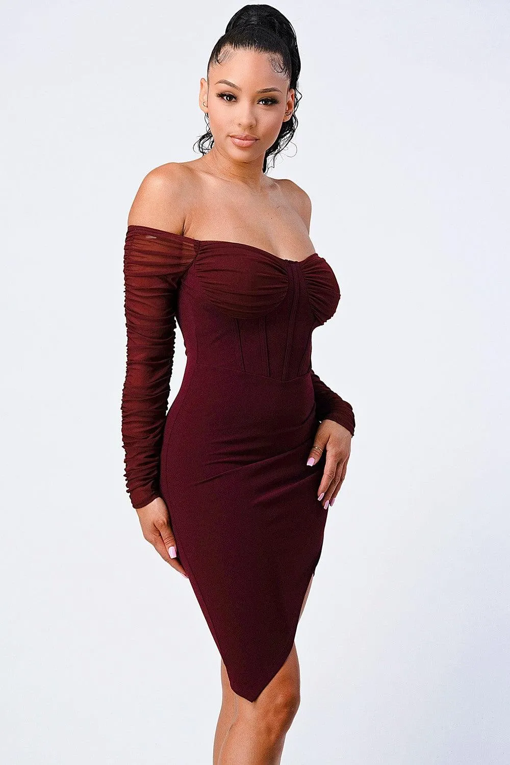 off the shoulder ribbed asymmetrical bodycon dress