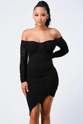 off the shoulder ribbed asymmetrical bodycon dress