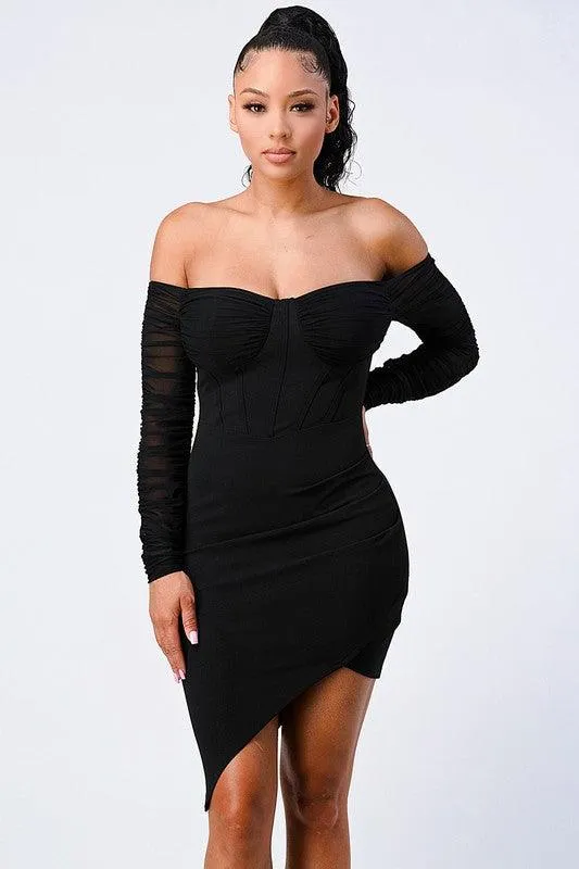 off the shoulder ribbed asymmetrical bodycon dress