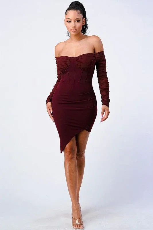 off the shoulder ribbed asymmetrical bodycon dress