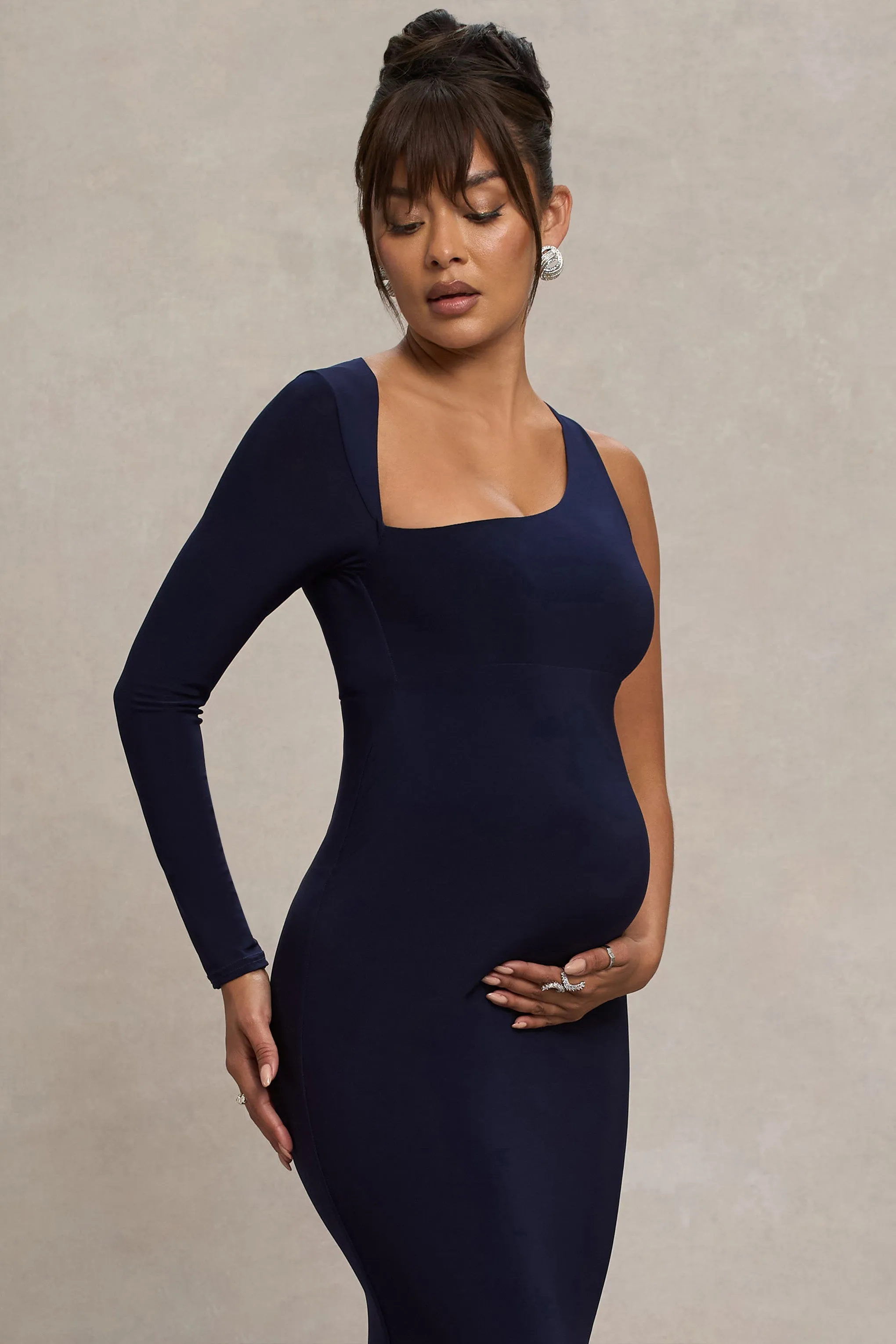 Oh Baby | Navy Maternity One Shoulder Bodycon Maxi Dress
