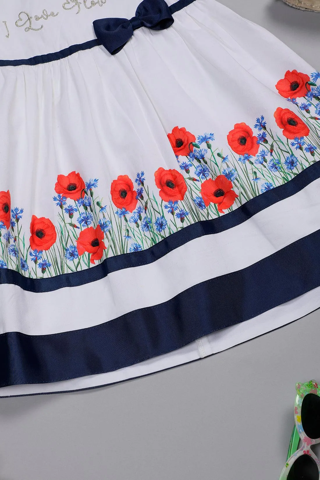 One Friday Infant Girls White Cotton Floral Printed Dress with Contrast Piping