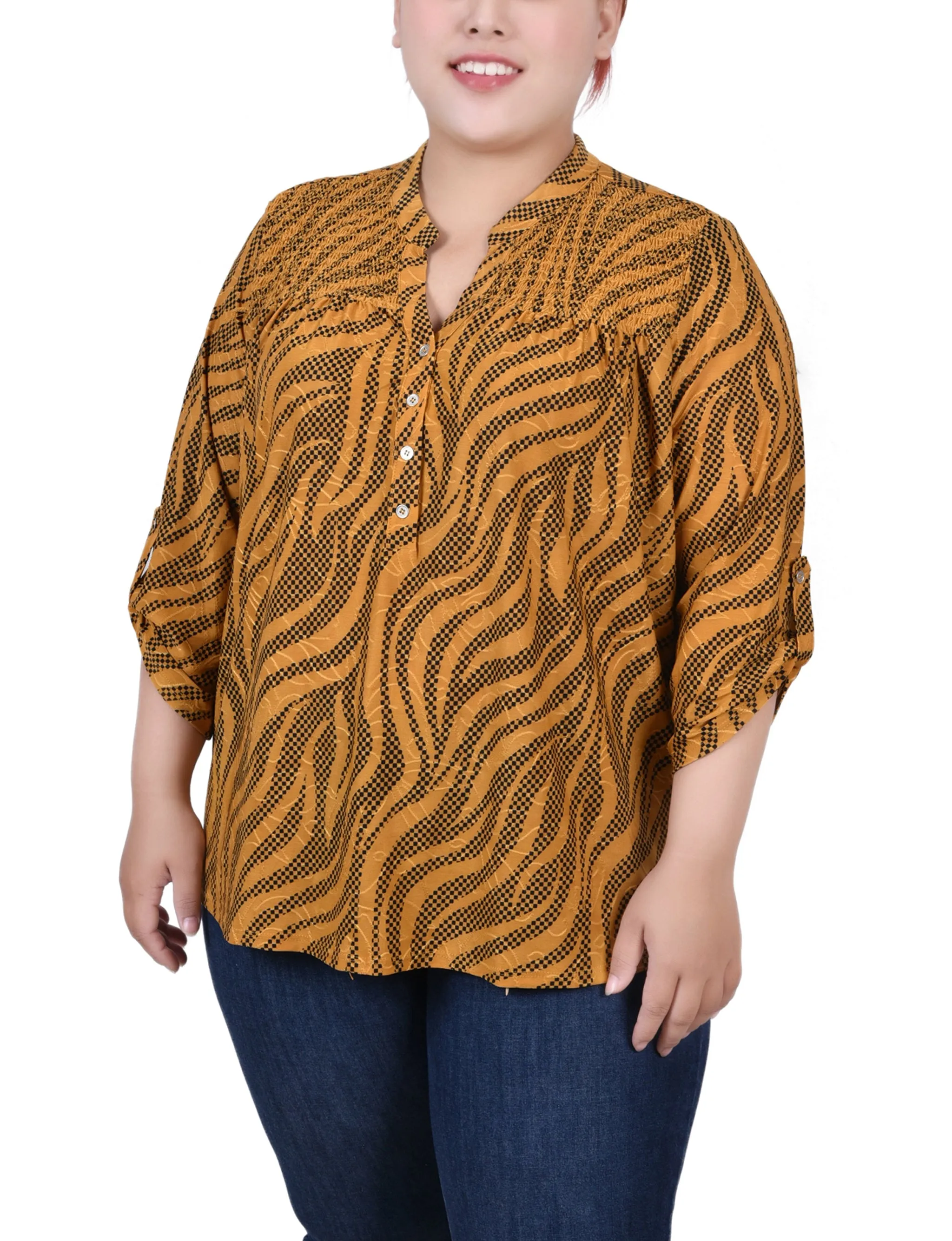 Plus Size 3/4 Roll Tab Sleeve Smocked-Yoke Top
