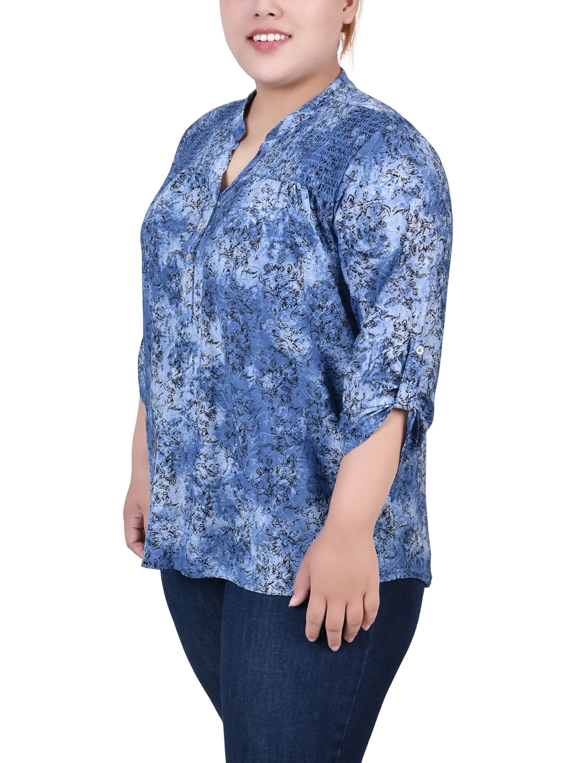 Plus Size 3/4 Roll Tab Sleeve Smocked-Yoke Top