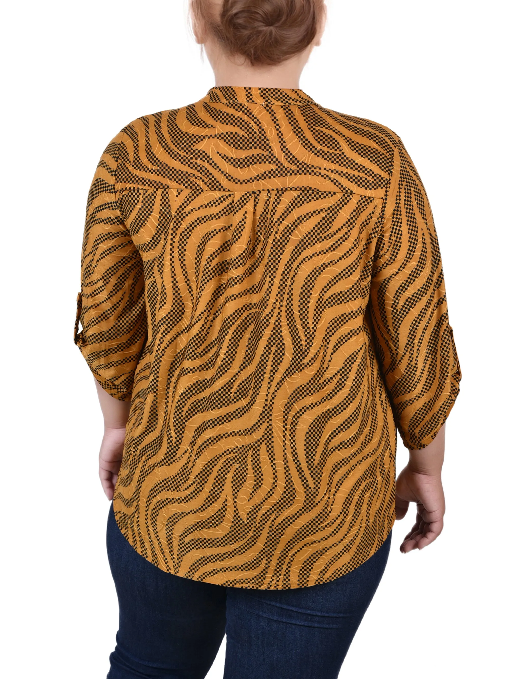 Plus Size 3/4 Roll Tab Sleeve Smocked-Yoke Top