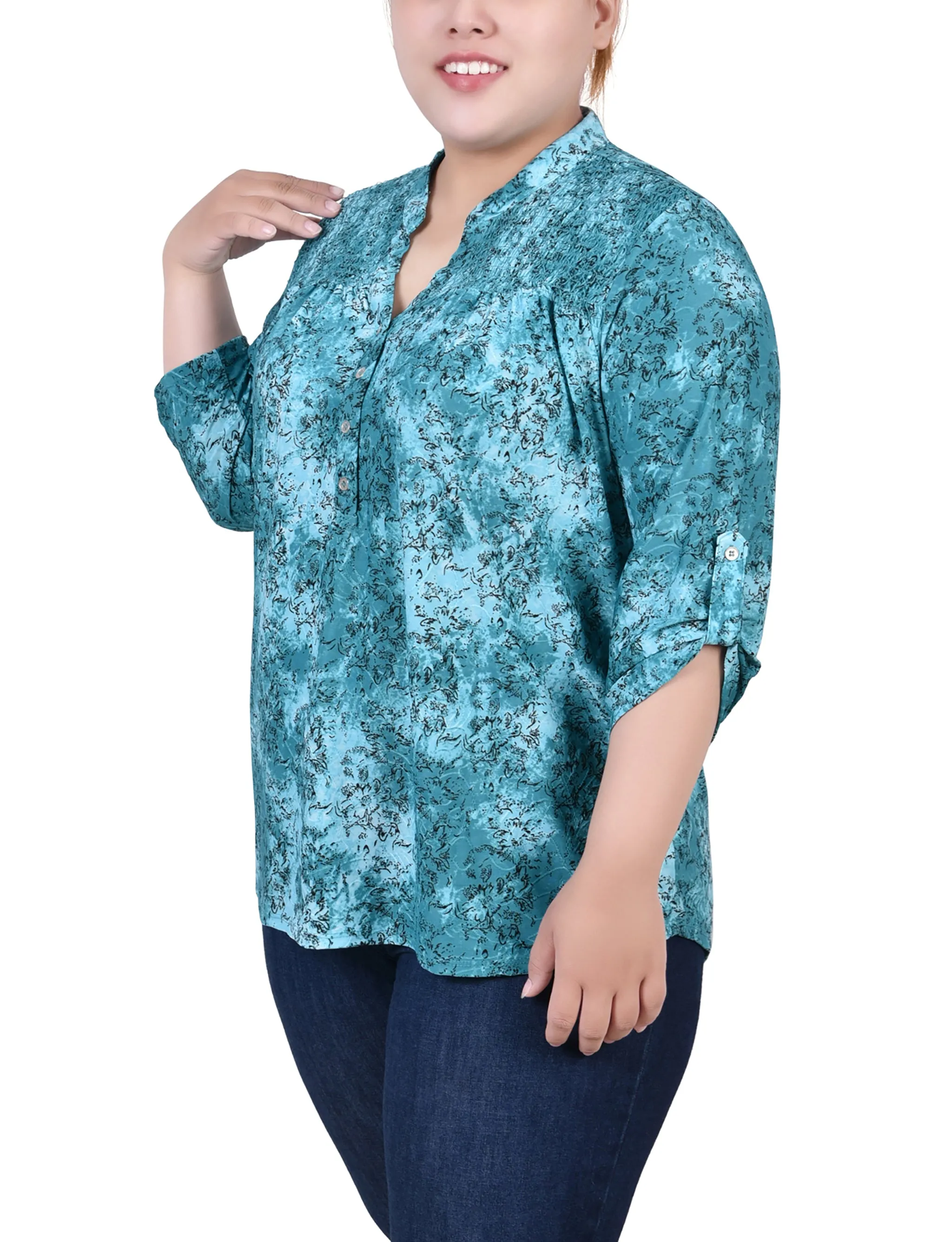Plus Size 3/4 Roll Tab Sleeve Smocked-Yoke Top