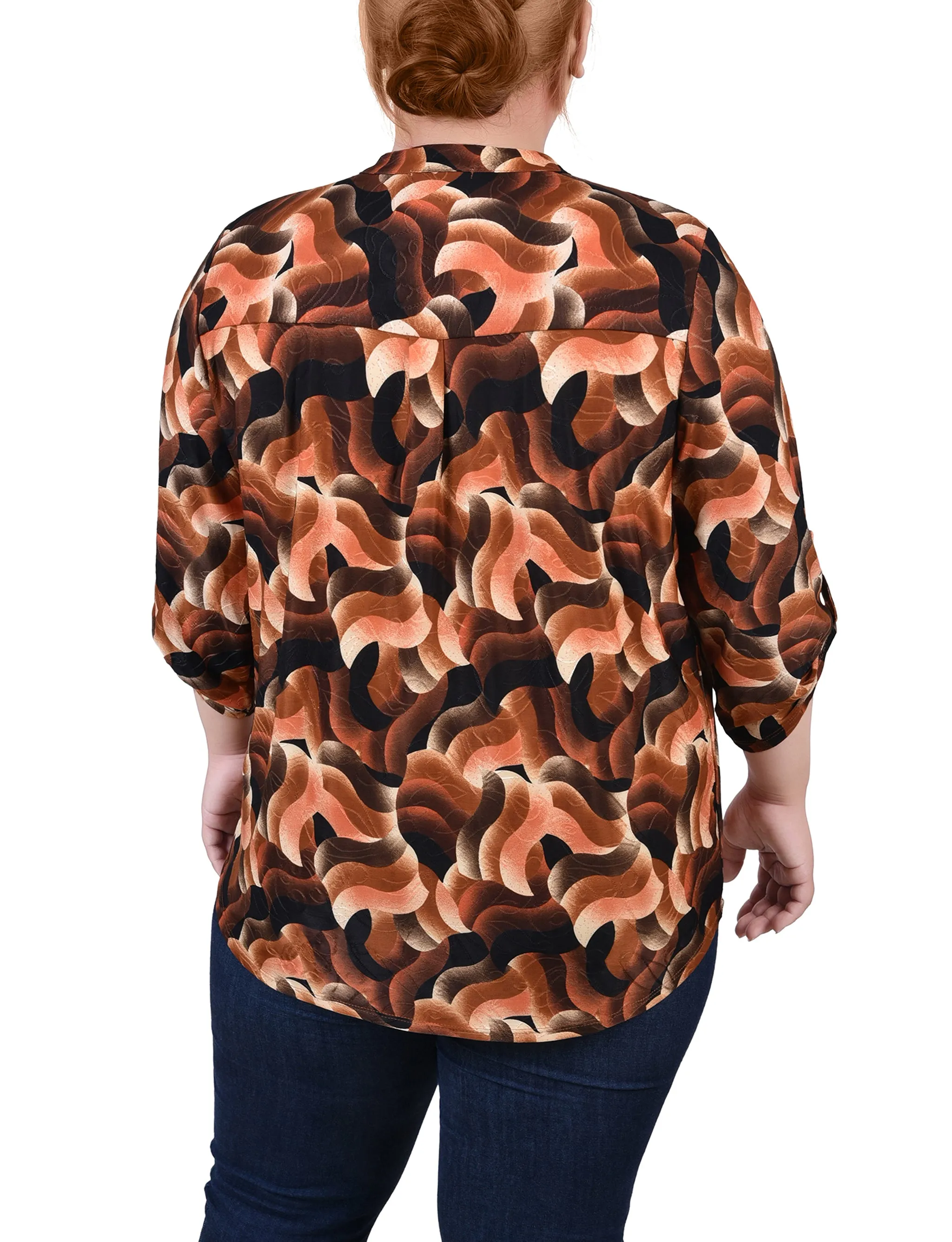 Plus Size 3/4 Roll Tab Sleeve Smocked-Yoke Top