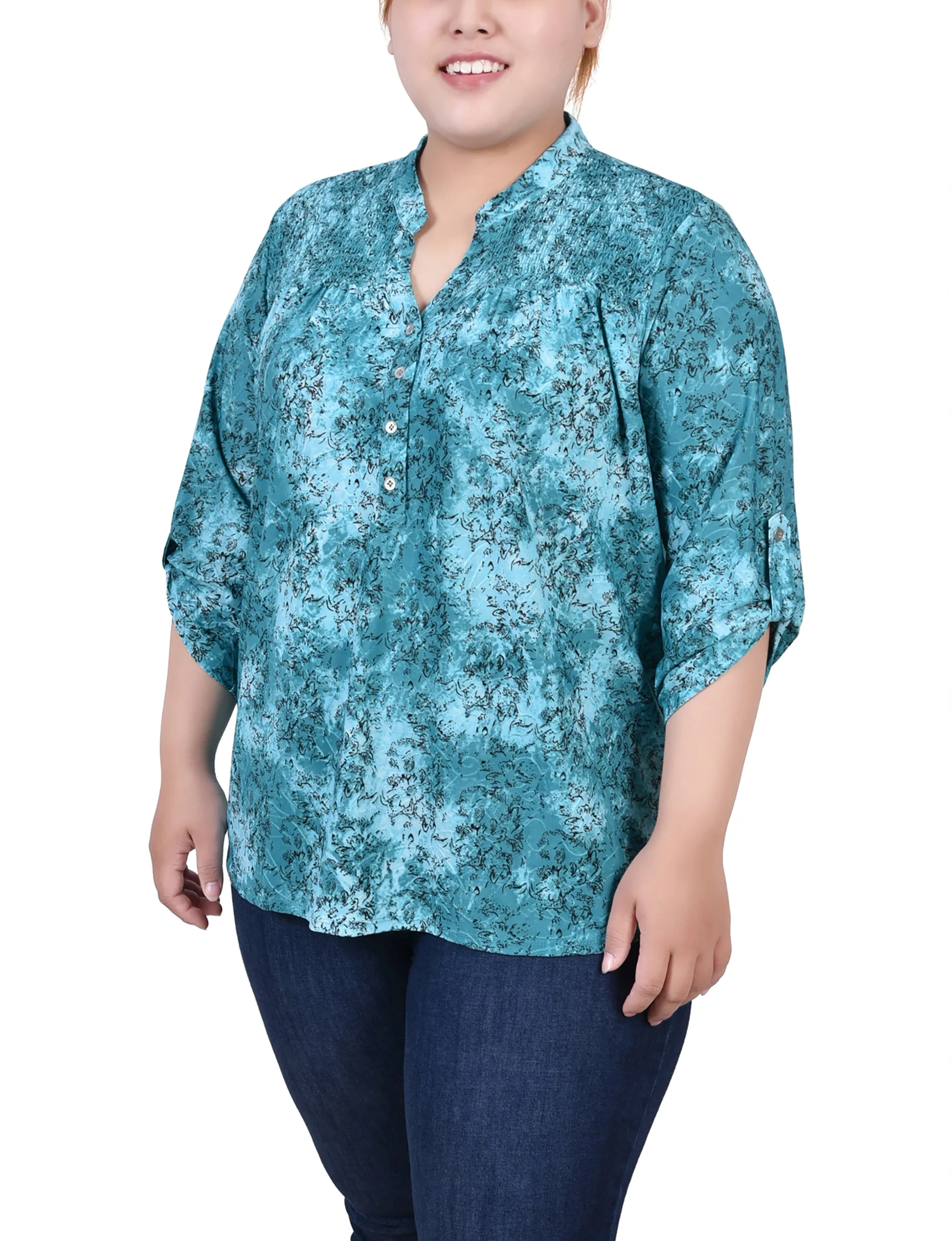 Plus Size 3/4 Roll Tab Sleeve Smocked-Yoke Top