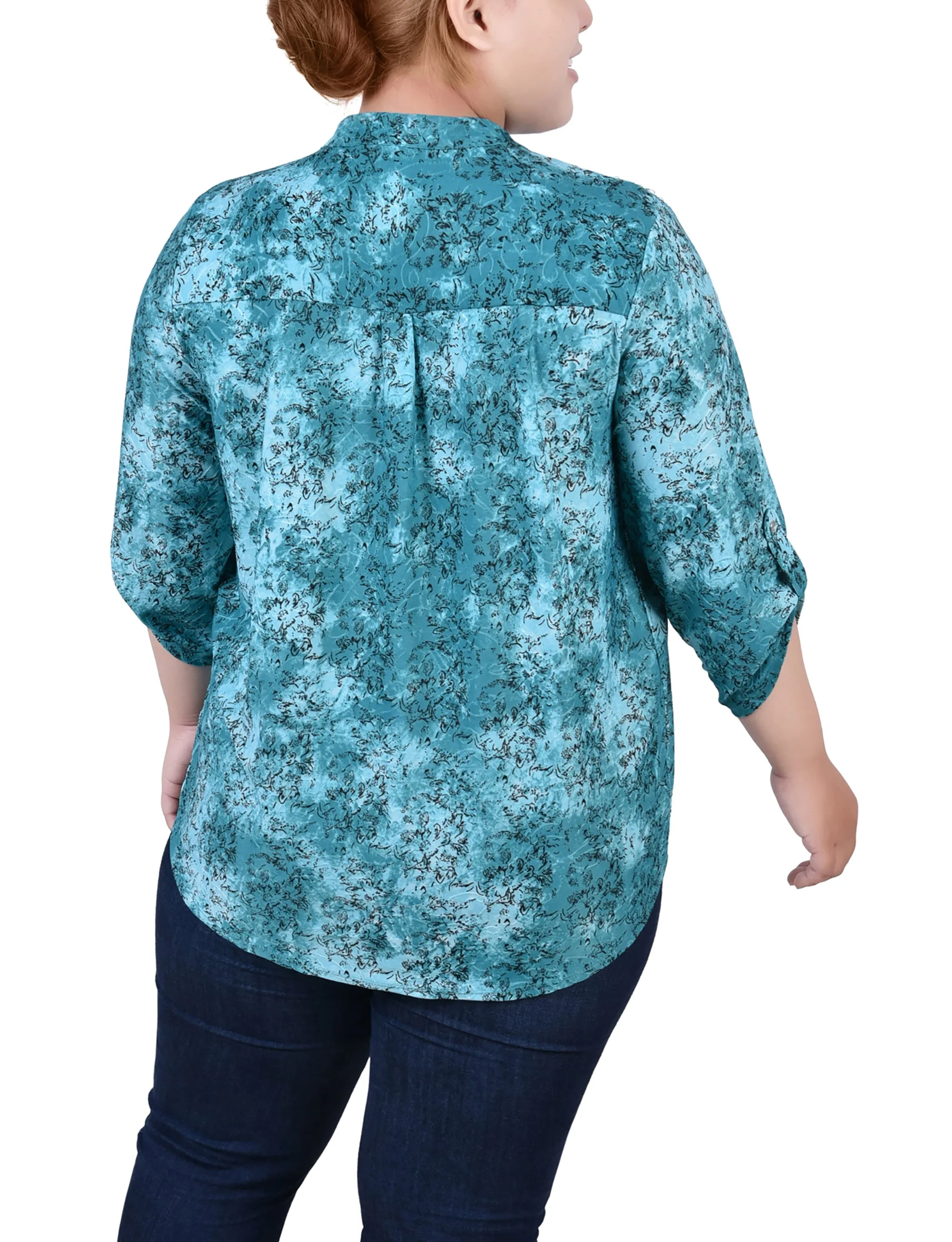 Plus Size 3/4 Roll Tab Sleeve Smocked-Yoke Top