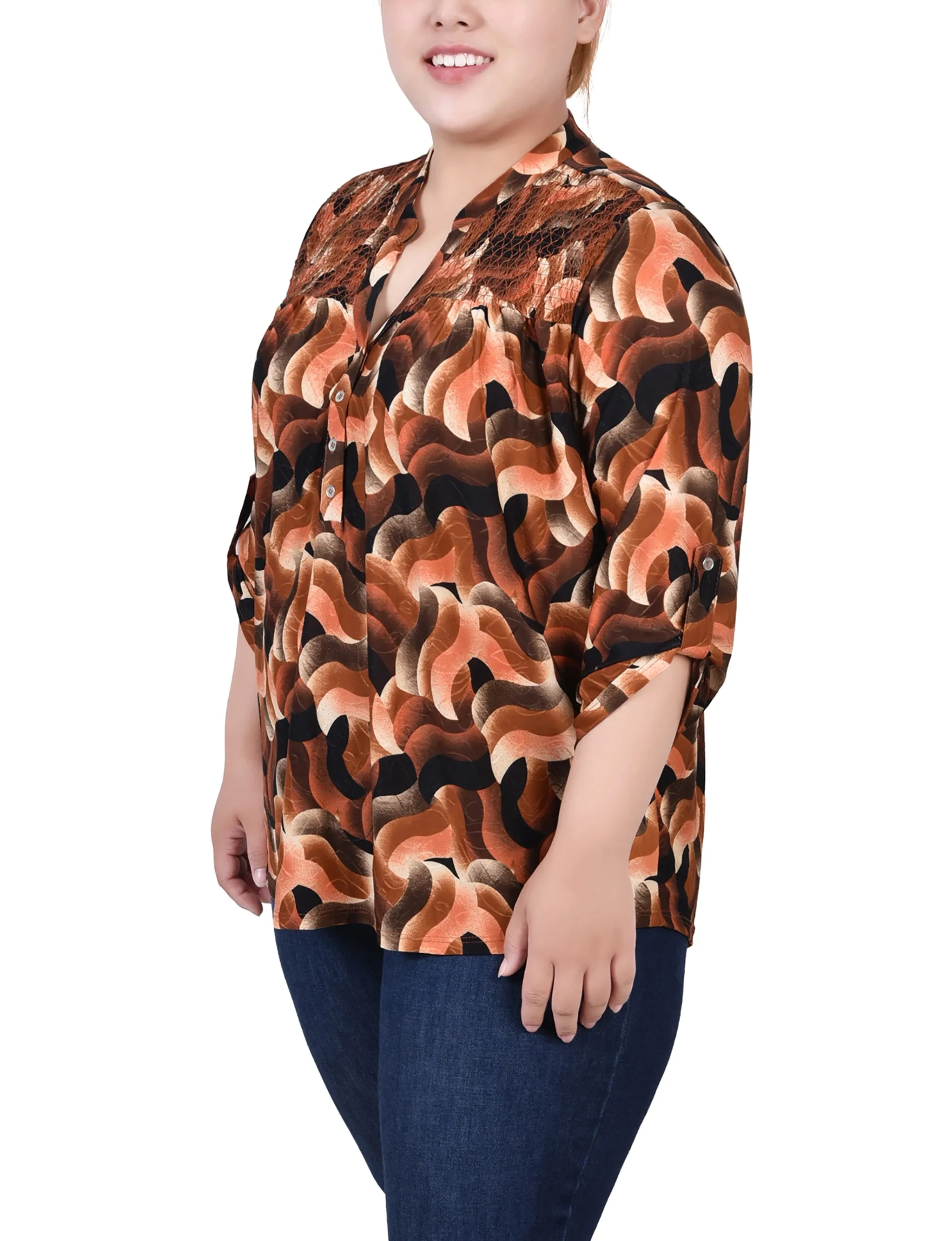 Plus Size 3/4 Roll Tab Sleeve Smocked-Yoke Top