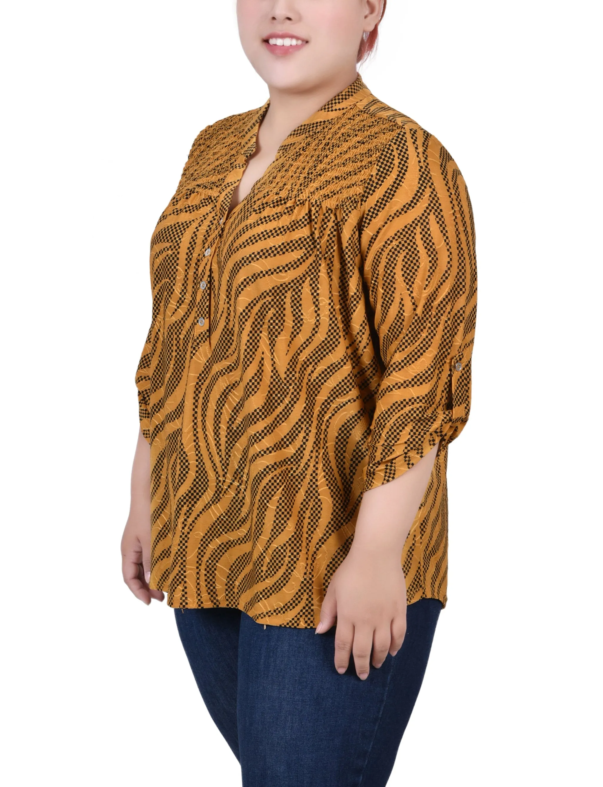 Plus Size 3/4 Roll Tab Sleeve Smocked-Yoke Top