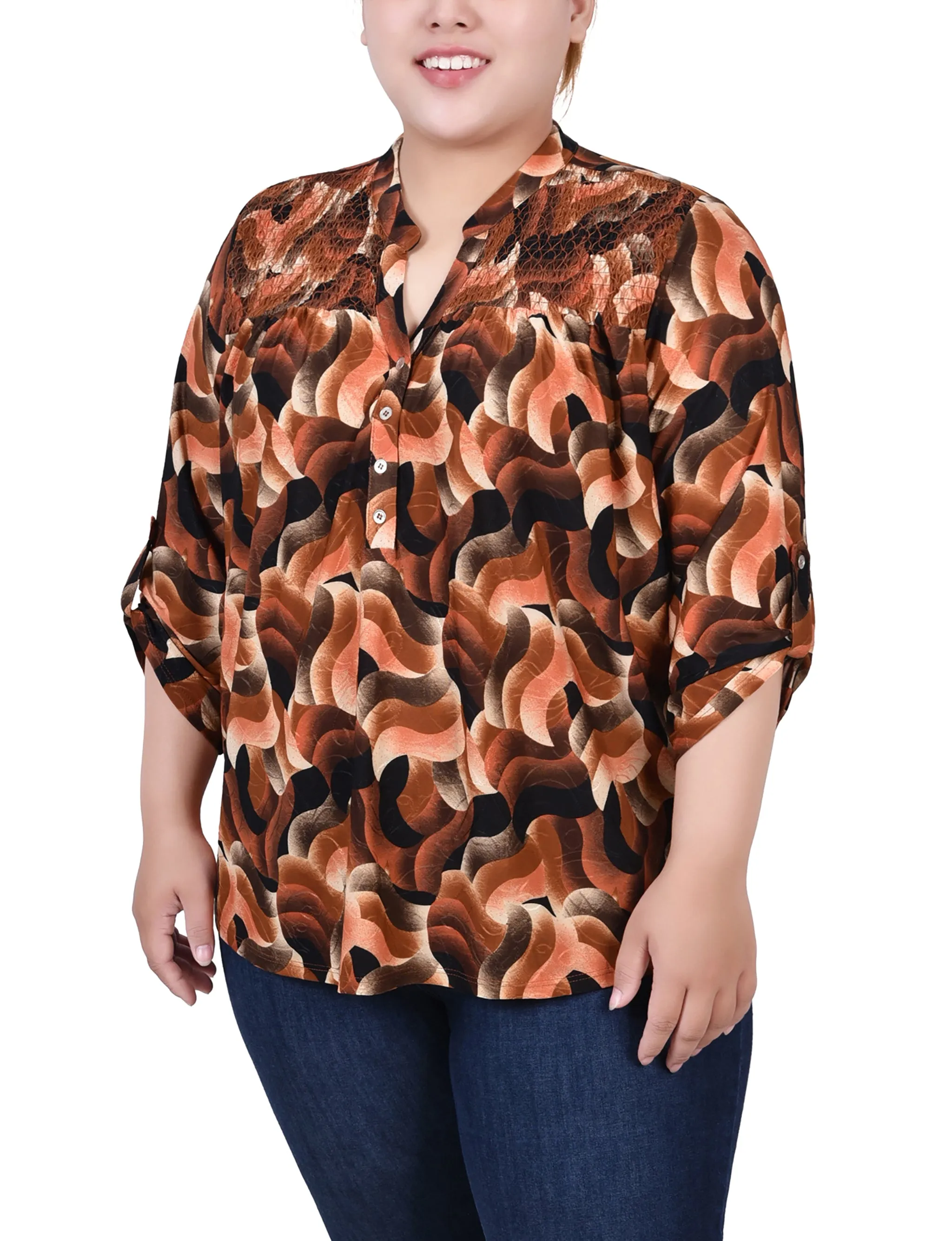 Plus Size 3/4 Roll Tab Sleeve Smocked-Yoke Top