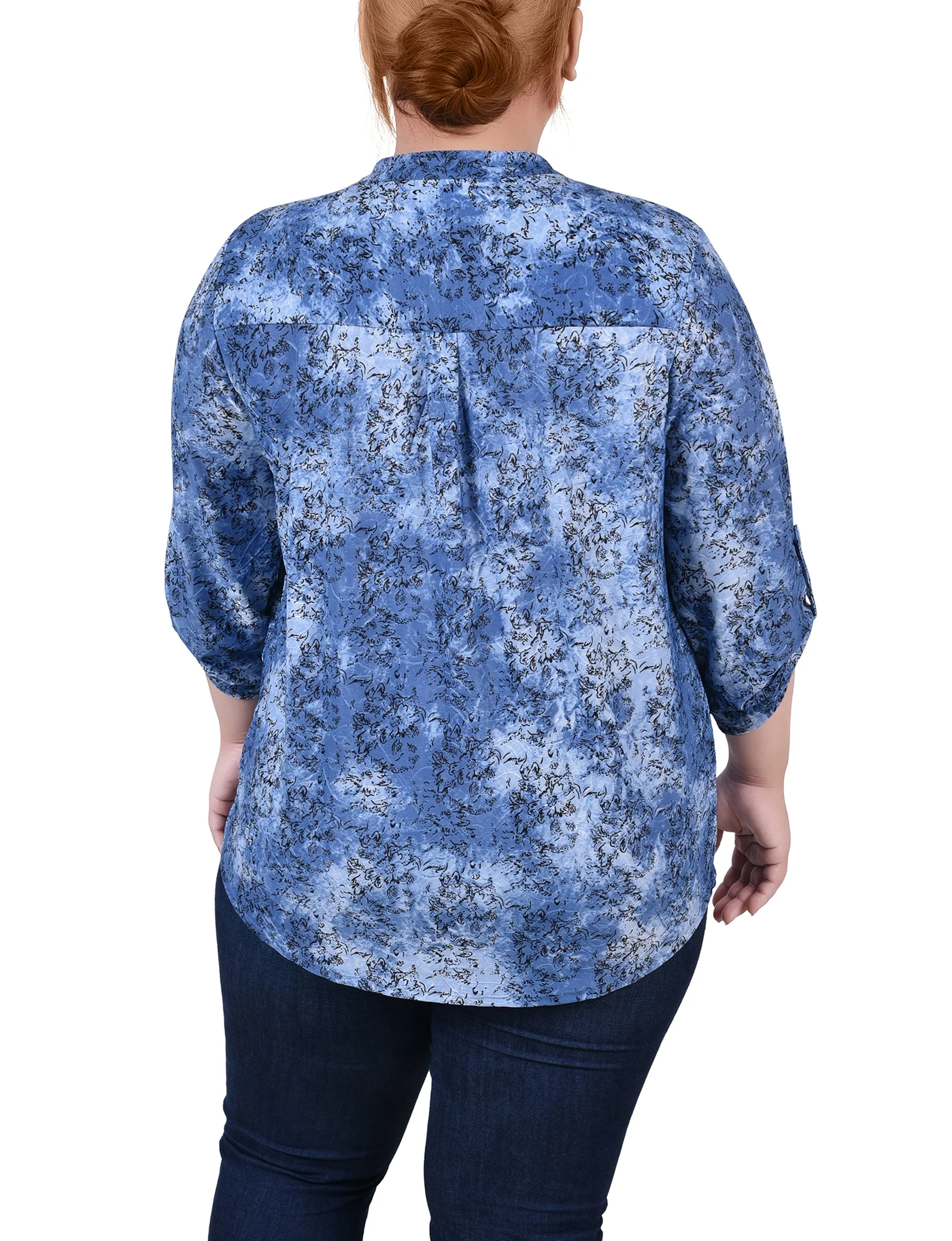 Plus Size 3/4 Roll Tab Sleeve Smocked-Yoke Top
