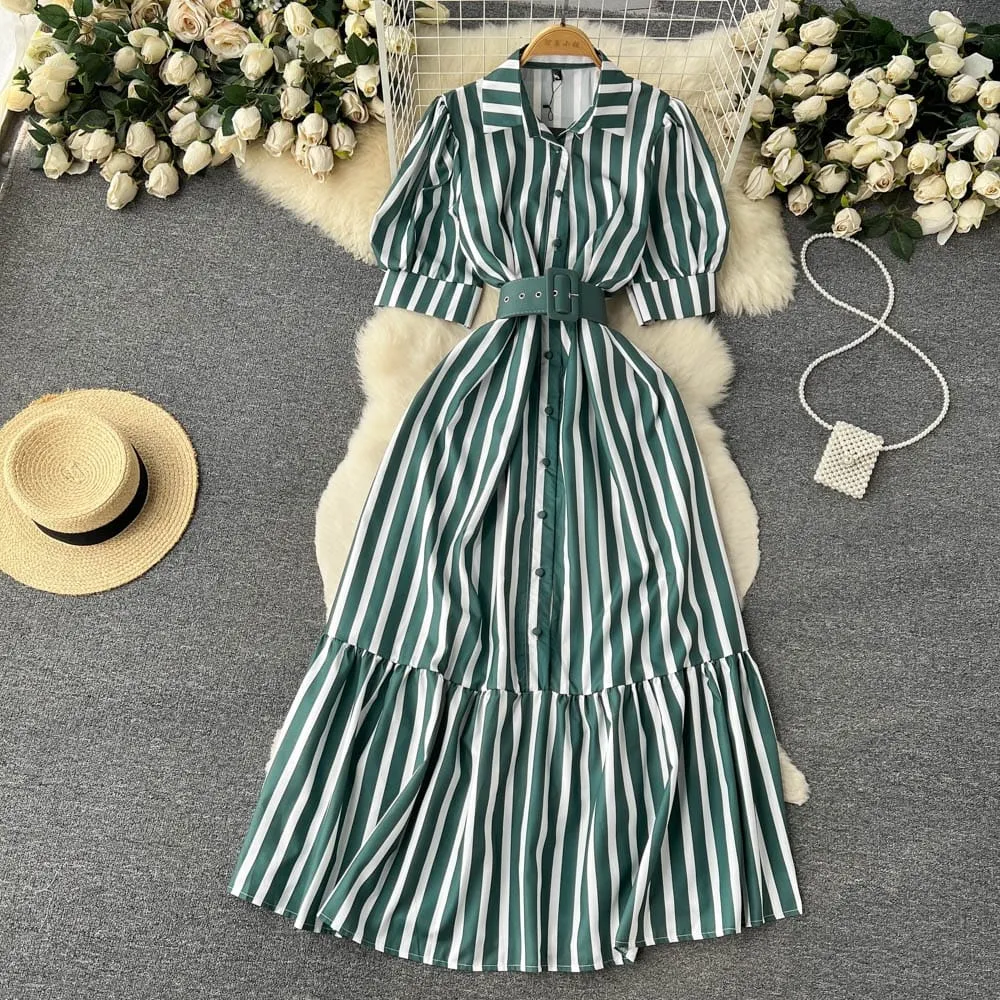 Premium cotton strip dress with belt