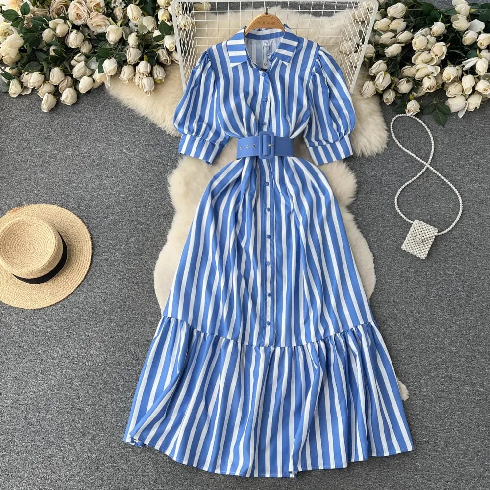 Premium cotton strip dress with belt