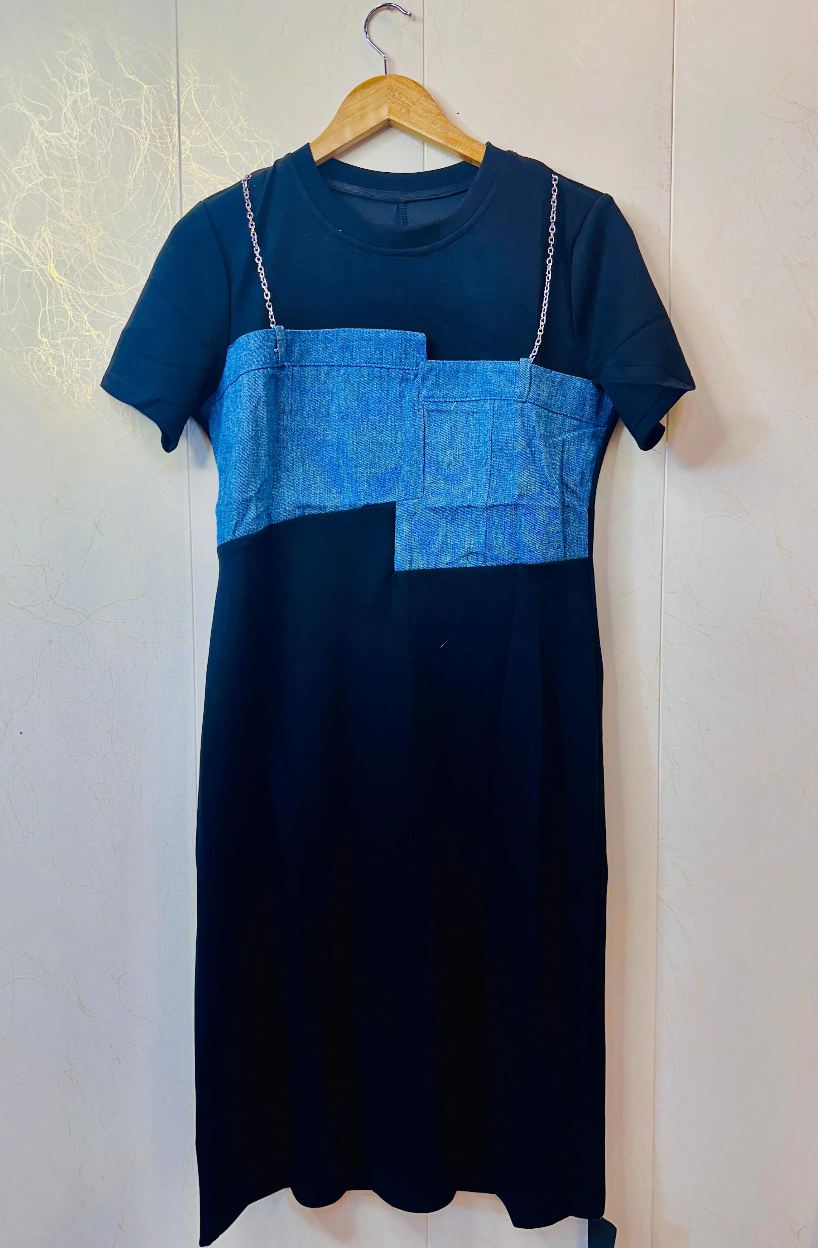 Premium dress with denim patch