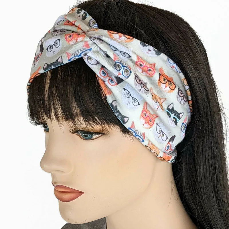 Premium, wide turban style comfy wide jersey knit  headband, smarty cats