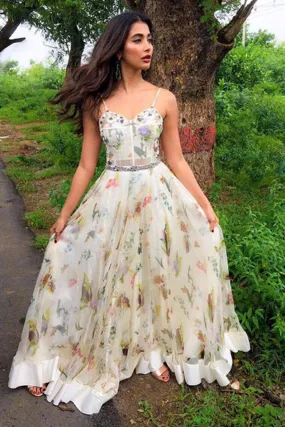 Puja hegde in Ivory Corset Printed Anarkali Set