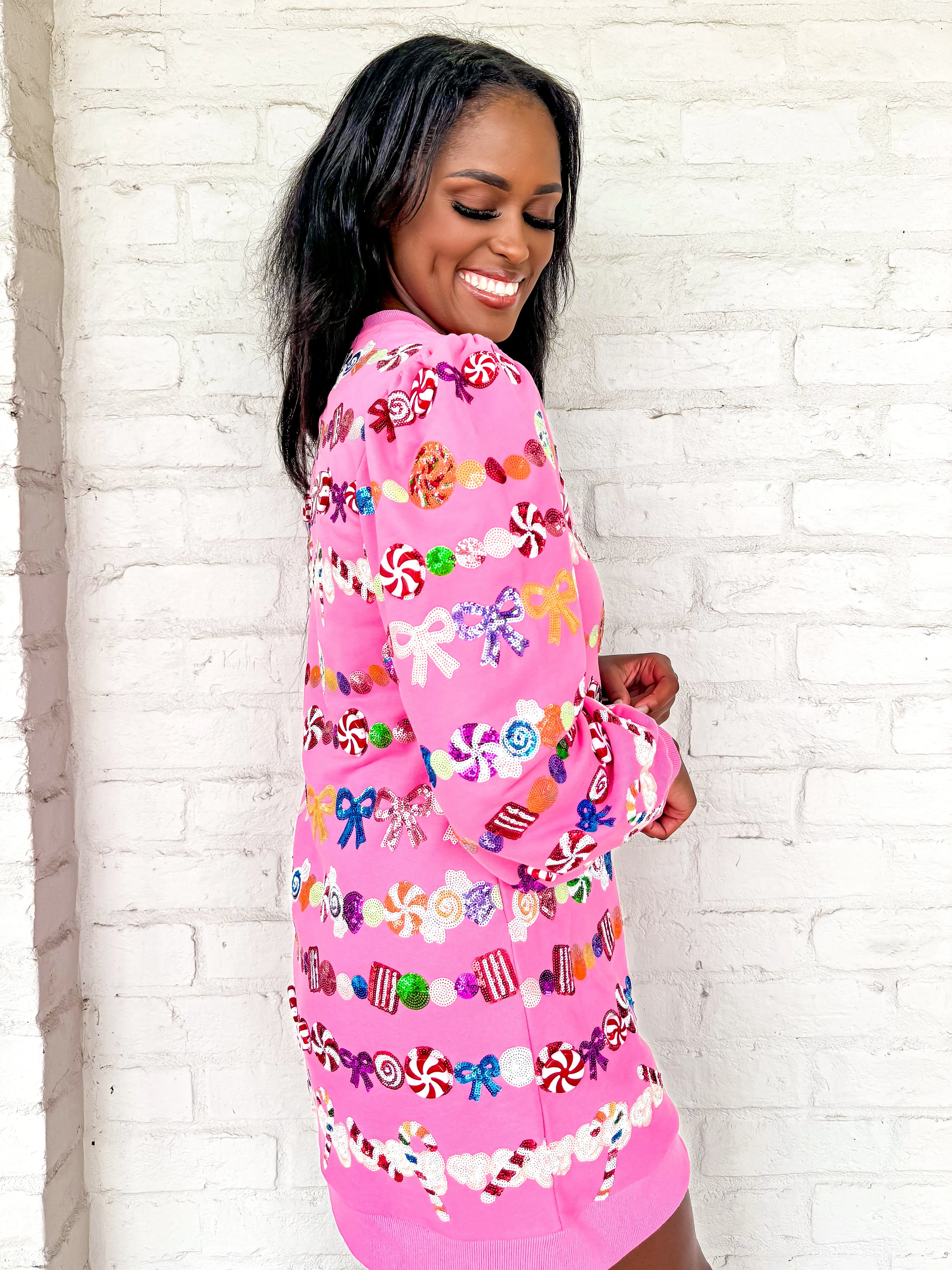 Queen Of Sparkles Hot Pink Candy Garland Poof Sleeve Dress