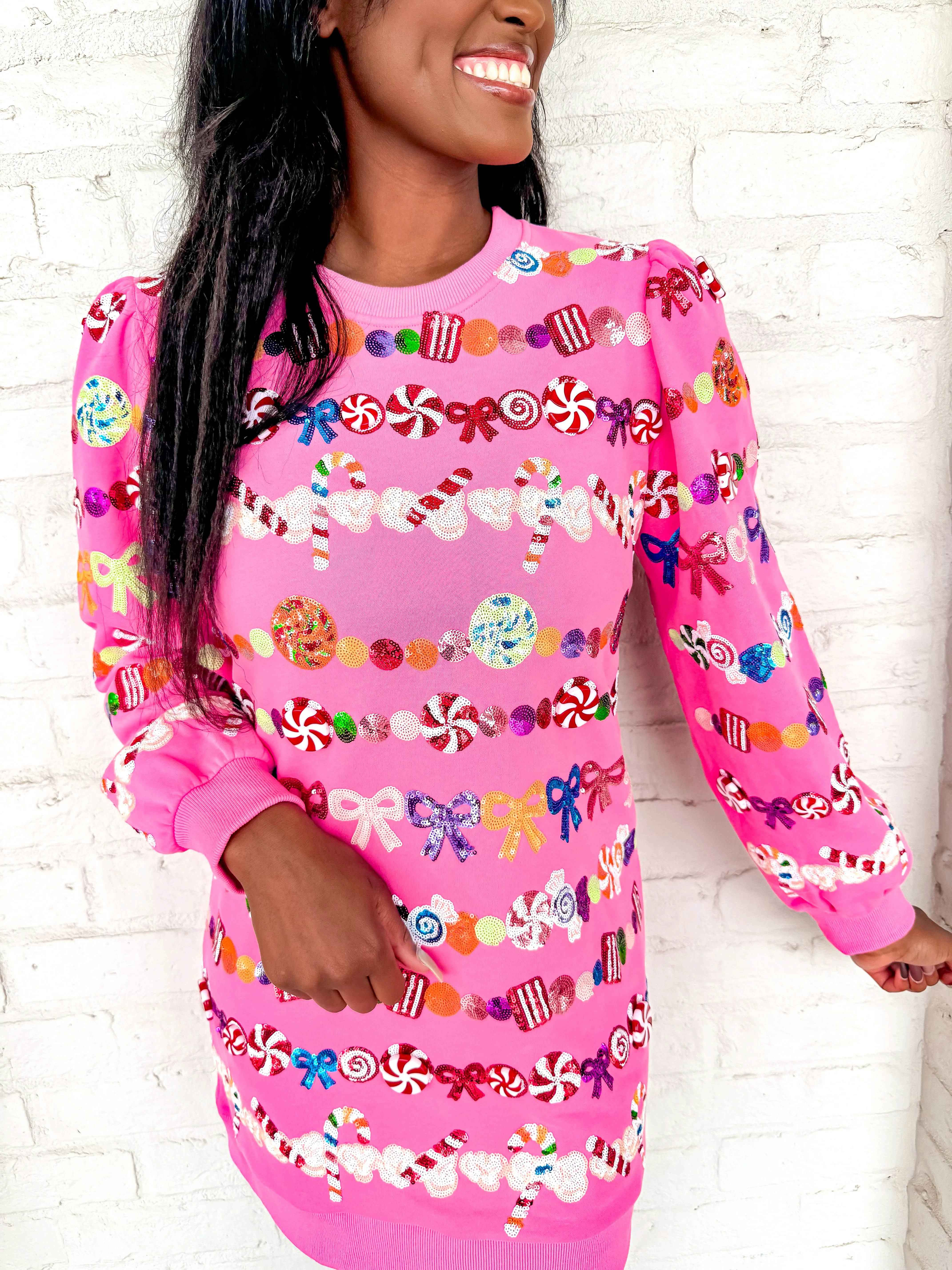 Queen Of Sparkles Hot Pink Candy Garland Poof Sleeve Dress