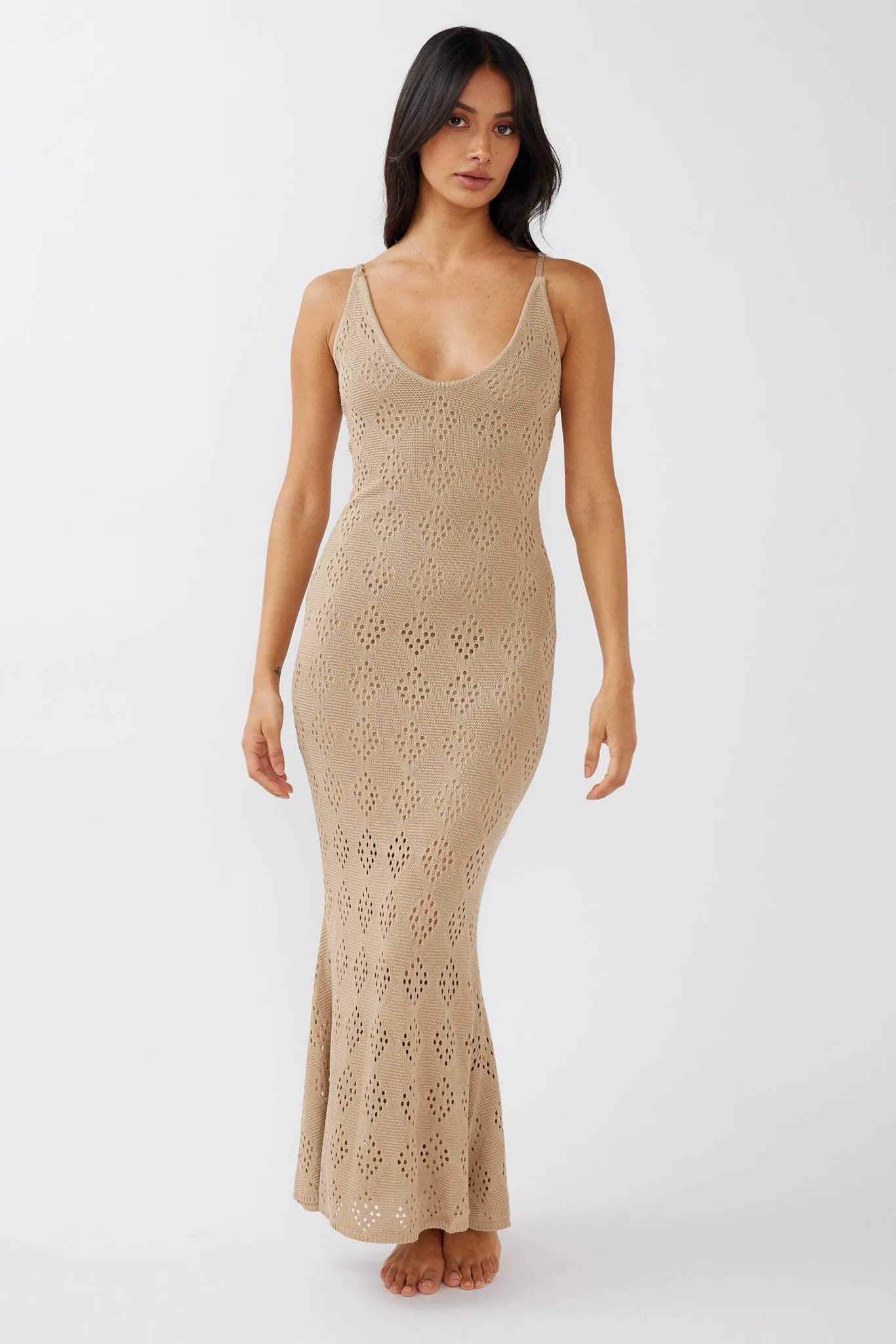 Raven Cami Strap Crochet Maxi Dress Sand