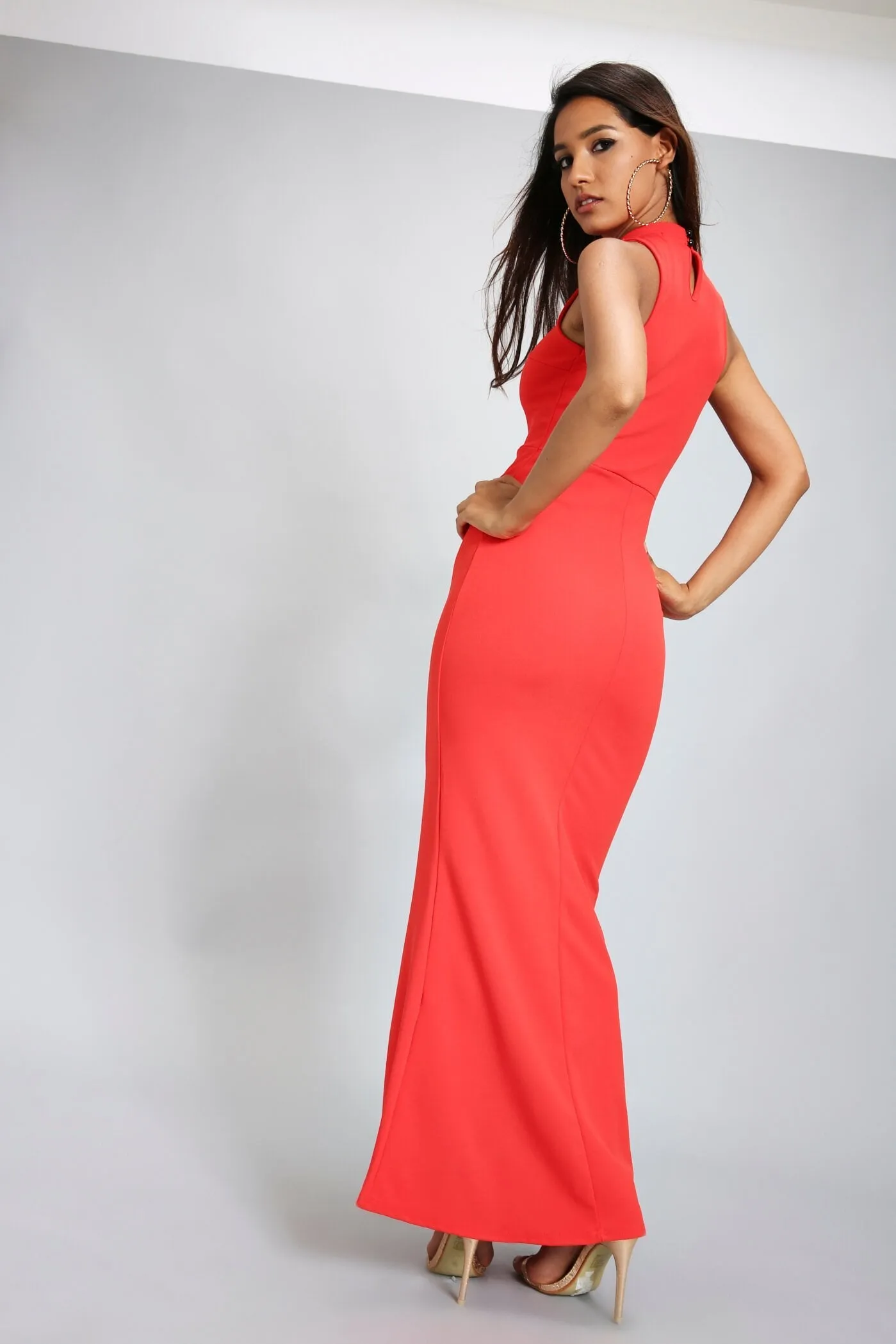Red High Neck Split Maxi Dress