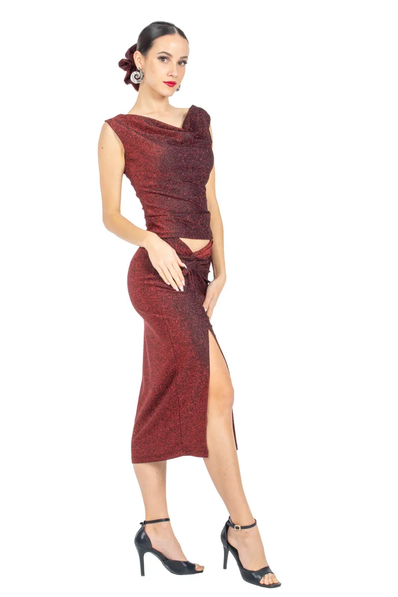 Red Sparkling Twist Knot Bodycon Midi Skirt With Slit