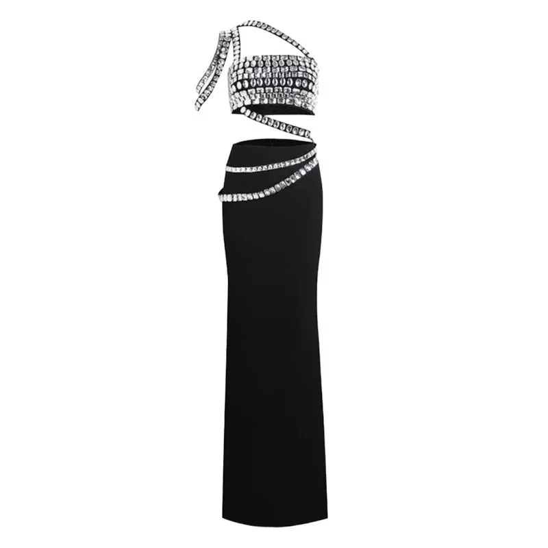 Rhinestone Draping Shoulder Two-Piece Dress