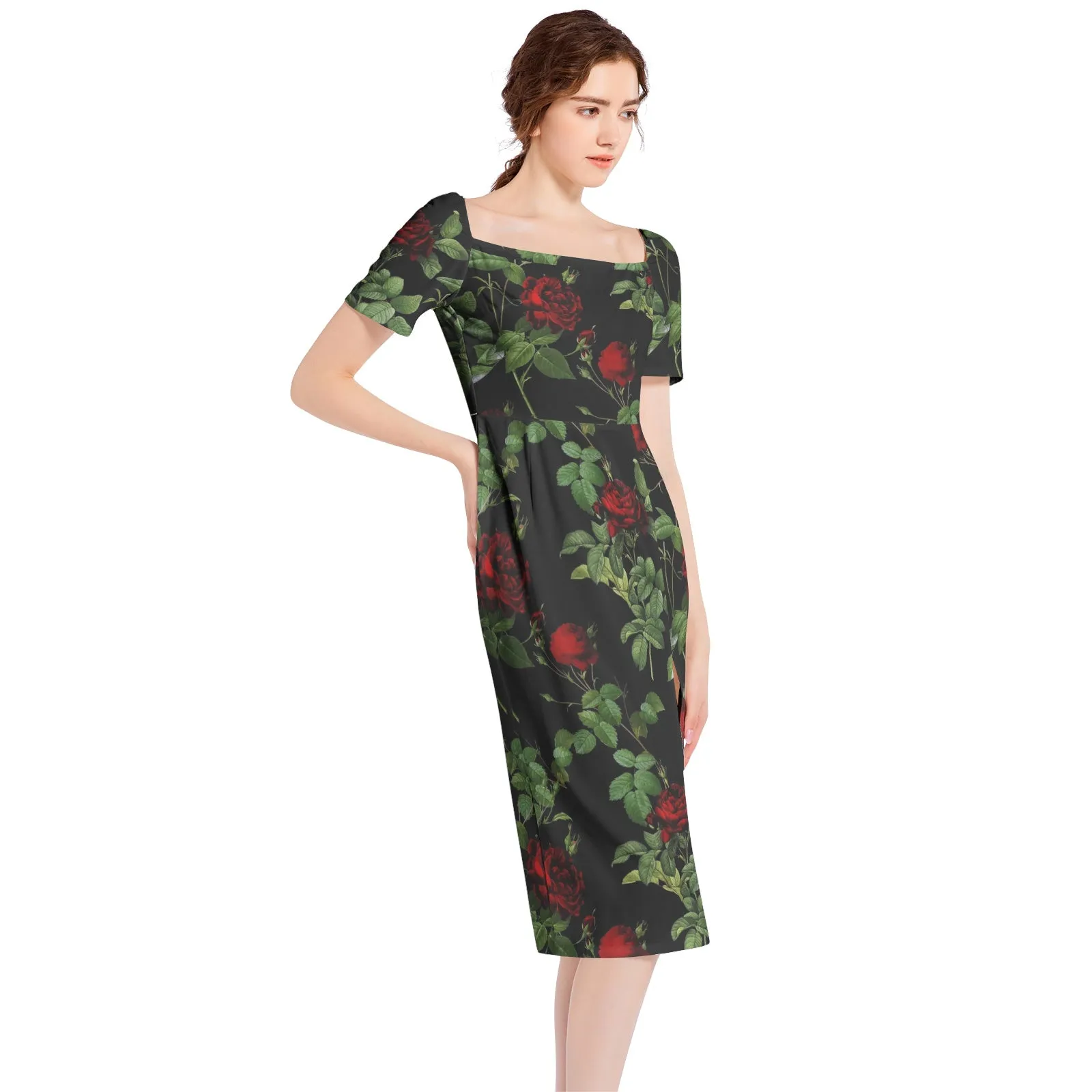 Rose Print Split Thigh Midi Bodycon Dress
