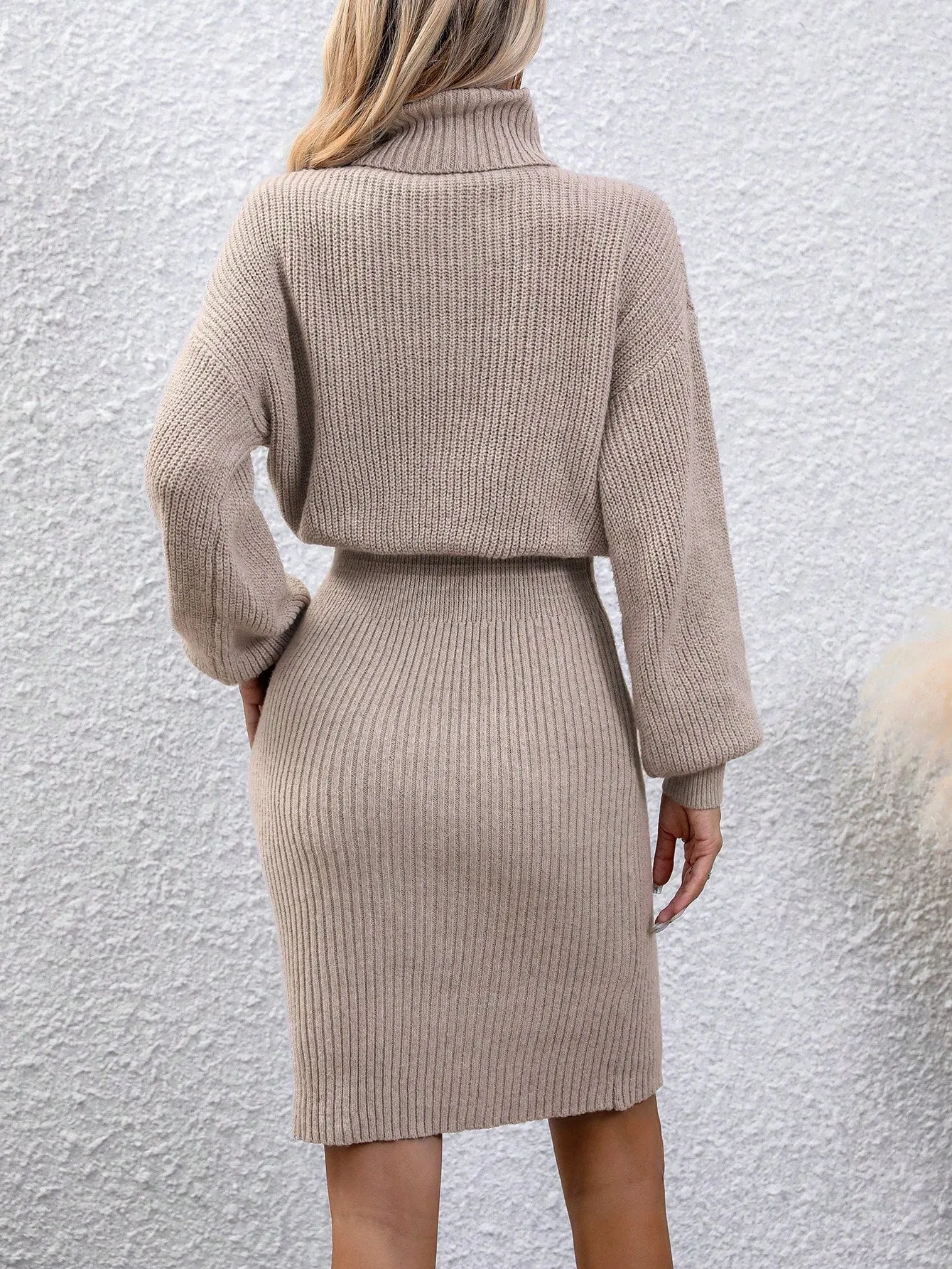 Round Neck Drop Shoulder Ribbed Knit Sweater Dress