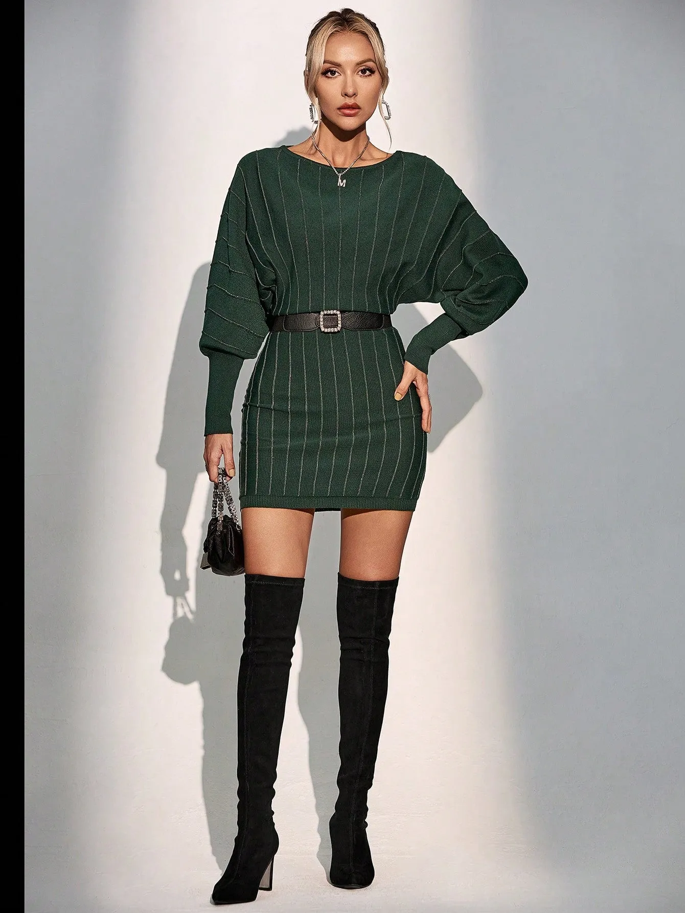 Round Neck Drop Shoulder Ribbed Knit Sweater Dress