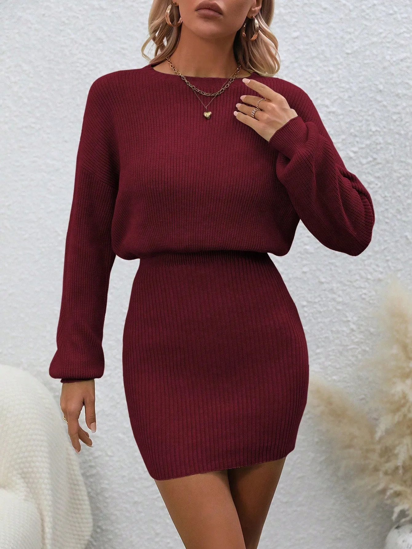 Round Neck Drop Shoulder Ribbed Knit Sweater Dress
