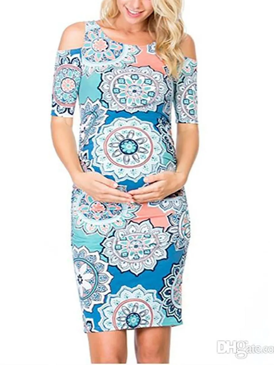 Round Neck Off Shoulder Print Maternity Dress
