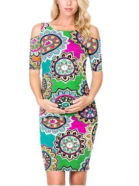 Round Neck Off Shoulder Print Maternity Dress