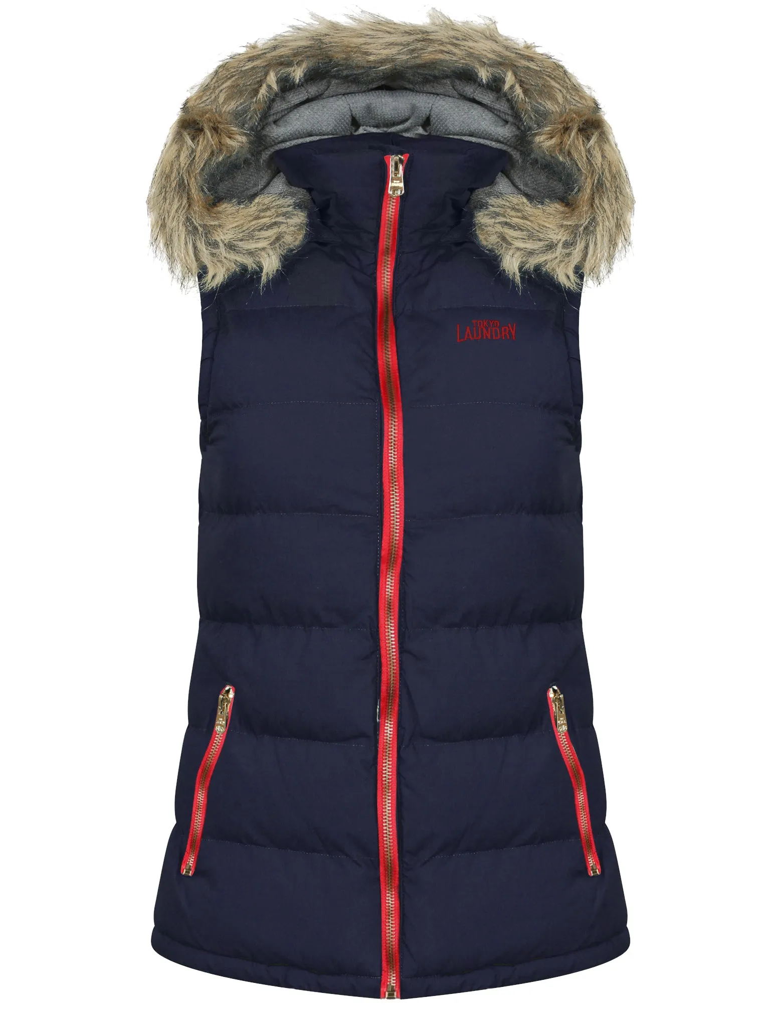 Roxi Fur Trim Hood Padded Gilet in Midnight Blue - Tokyo Laundry