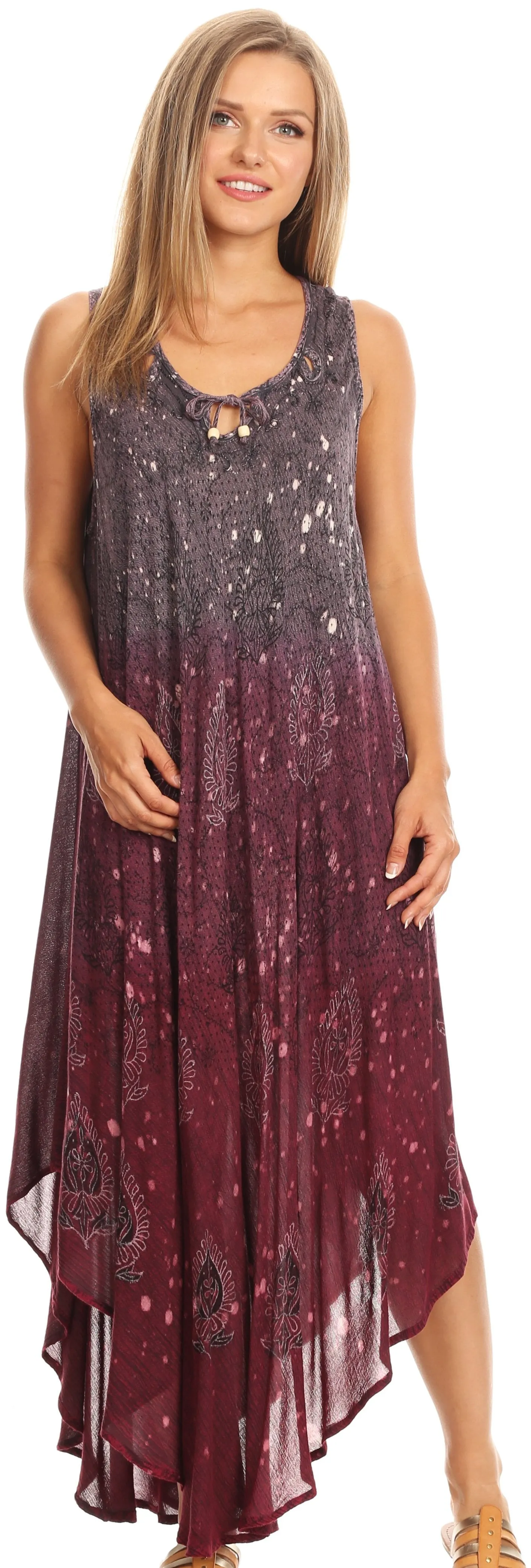Sakkas Priscilla Sleeveless Stonewashed Ombre Tie Front Dress / Cover Up