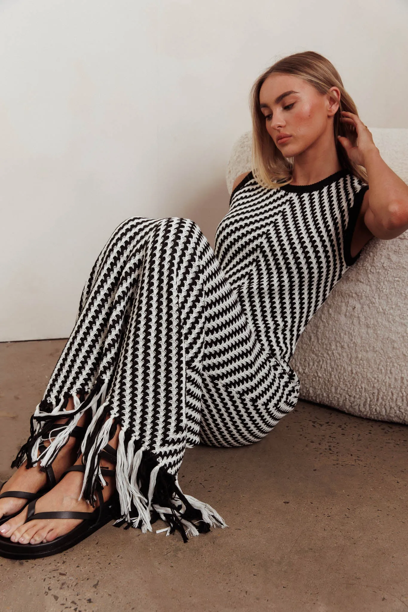 Same Place Fringed Knit Maxi Dress Black