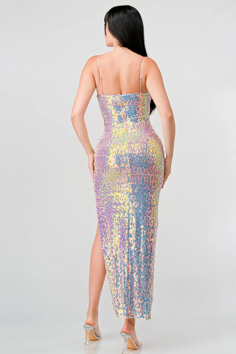 SEQUINS SWEETHEART KEYHOLE SLITTED MAXI DRESS