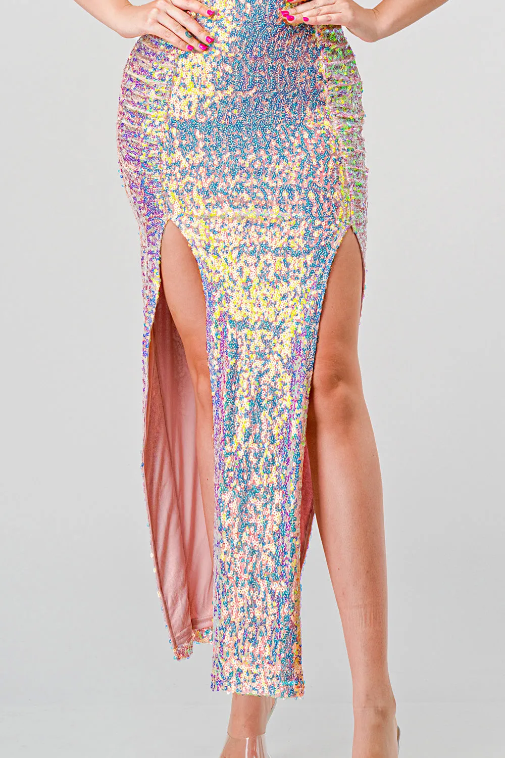 SEQUINS SWEETHEART KEYHOLE SLITTED MAXI DRESS