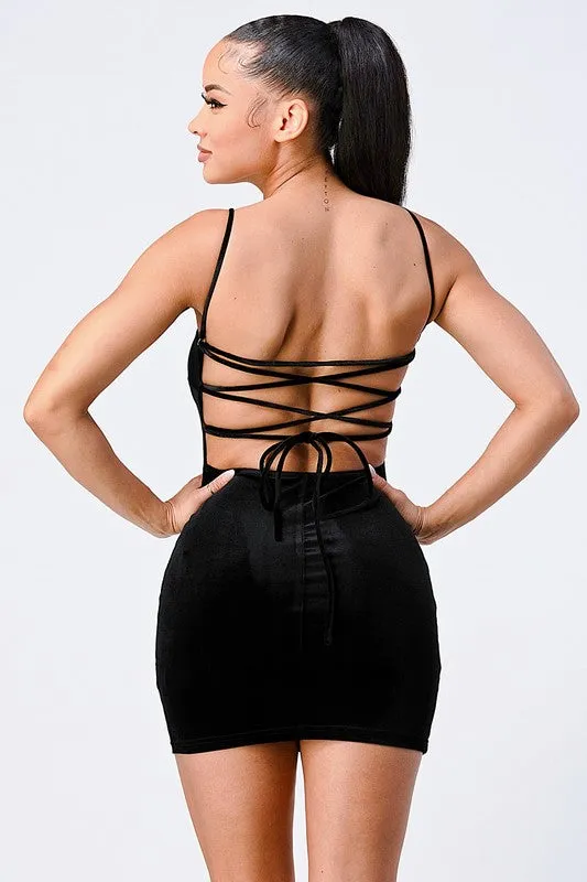 SEXY VELVETY DRAWSTRING LACE BACK CAMI MINI DRESS